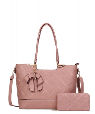 2in1 Quilt Bow Tote Bag With Wallet Set TT-8581-W PINK